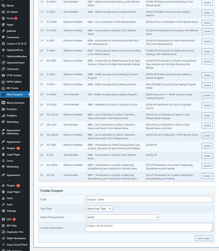 Holistic Healing, Coaching Website Custom Coupon Module in Admin