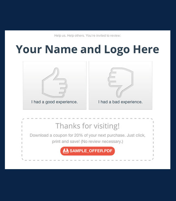 Example Reputation Landing Page with Thumbs and Offer