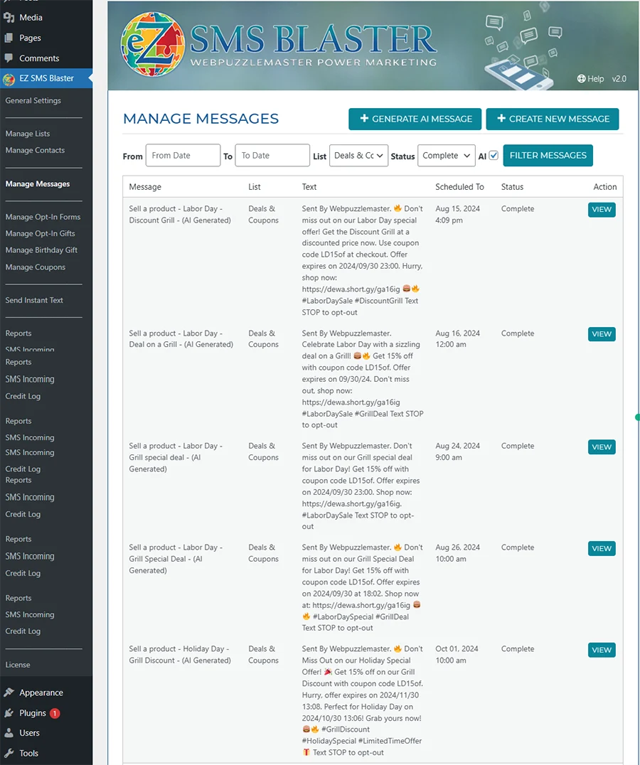 SMS-AI-generated-text-messages Real AI-generated message campaign examples shown inside the eZ SMS Blaster WordPress dashboard