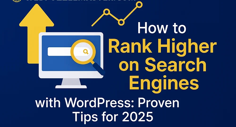 Rank Higher on Search Engines article graphic with golden upward arrow, computer monitor and magnifying glass, growth chart, and globe icons on dark blue background.