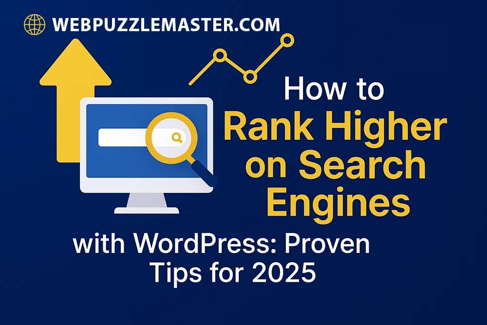 Rank Higher on Search Engines article graphic with golden upward arrow, computer monitor and magnifying glass, growth chart, and globe icons on dark blue background.
