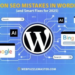 Common SEO mistakes in WordPress and smart fixes for 2025 showing Google, Bing, AI, and WordPress search connections — Webpuzzlemaster SEO services in Florida