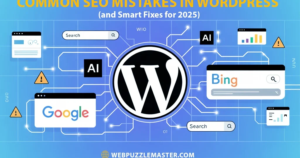 Common SEO mistakes in WordPress and smart fixes for 2025 showing Google, Bing, AI, and WordPress search connections — Webpuzzlemaster SEO services in Florida