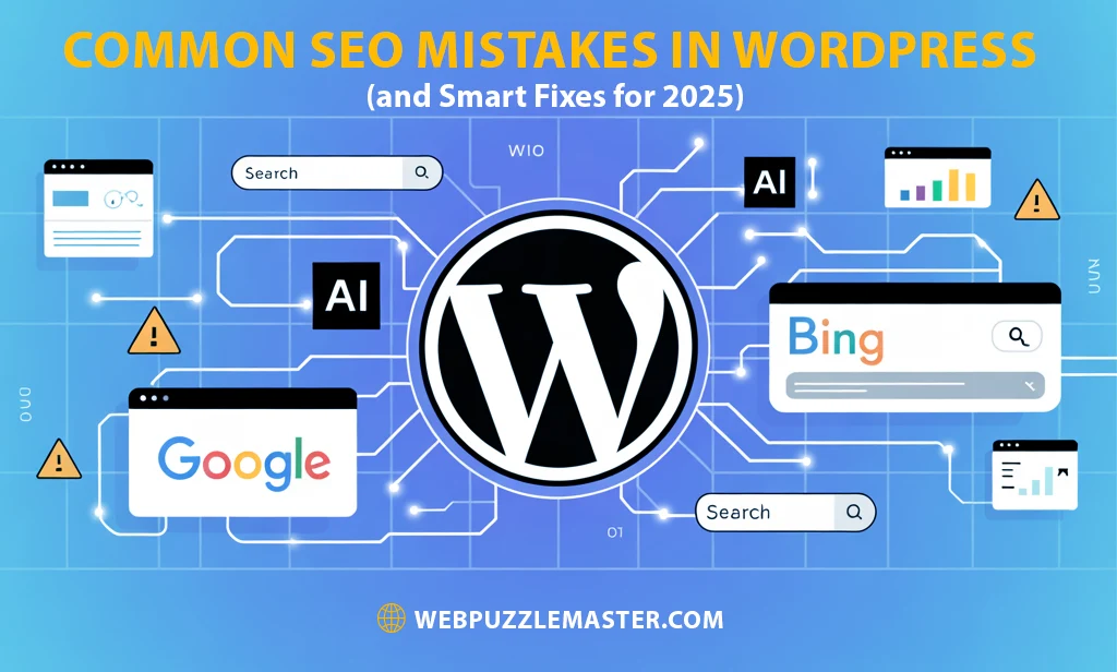 Common SEO mistakes in WordPress and smart fixes for 2025 showing Google, Bing, AI, and WordPress search connections — Webpuzzlemaster SEO services in Florida