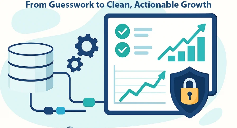Data management service: secure data pipeline feeding an analytics dashboard with growth charts, gears, and a lock shield for efficiency and security.