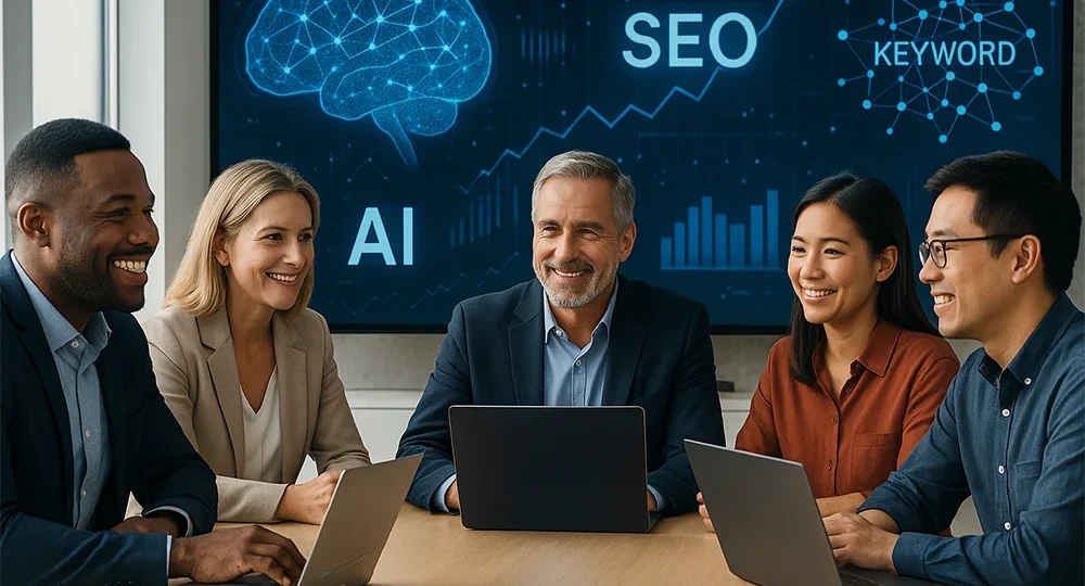 A diverse group of professionals collaborating in a modern office with AI and SEO data visualizations on a screen in the background during a strategy meeting.