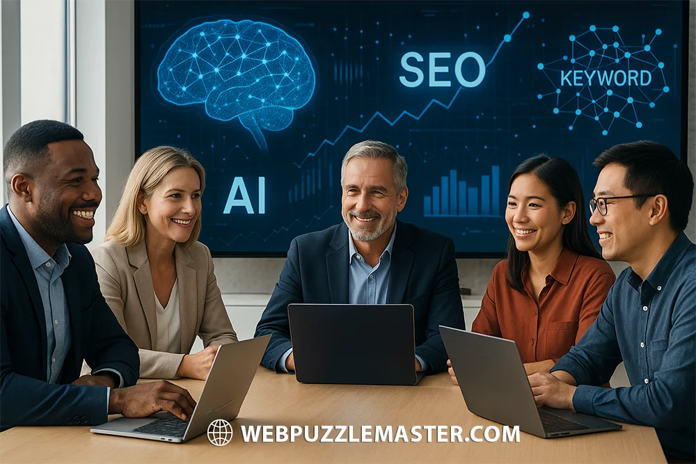 A diverse group of professionals collaborating in a modern office with AI and SEO data visualizations on a screen in the background during a strategy meeting.
