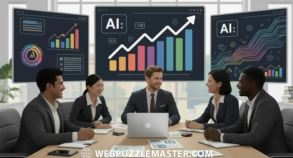 Business team in a conference room discussing AI-driven analytics with large digital screens displaying colorful charts, graphs, and AI data visualizations.