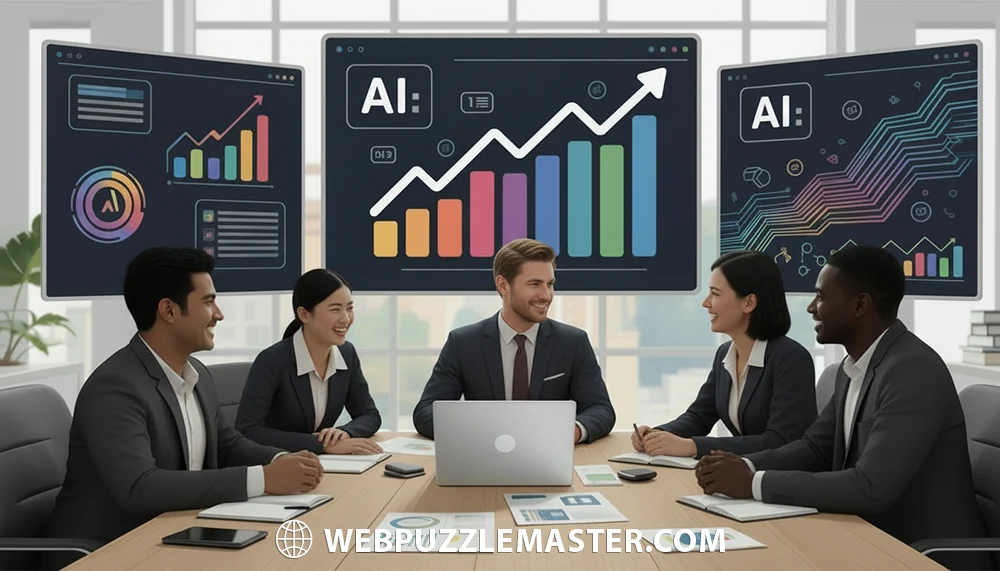 Business team in a conference room discussing AI-driven analytics with large digital screens displaying colorful charts, graphs, and AI data visualizations.