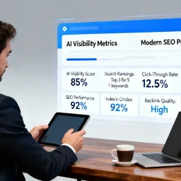 Business owner reviewing AI visibility metrics and modern SEO performance