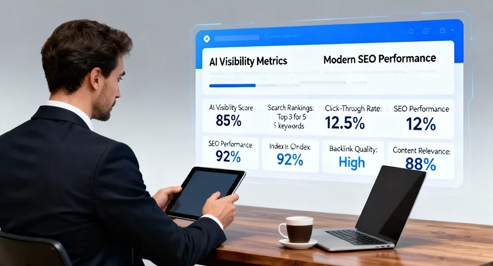 Business owner reviewing AI visibility metrics and modern SEO performance