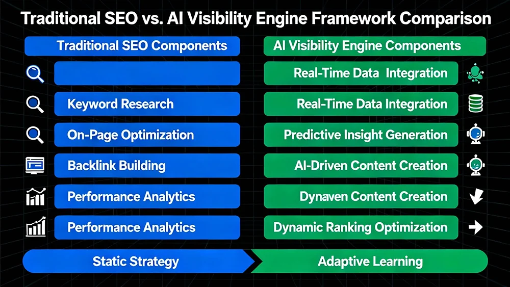 Diagram comparing traditional SEO with AI Visibility Engine Framework Diagram comparing traditional SEO with AI Visibility Engine Framework