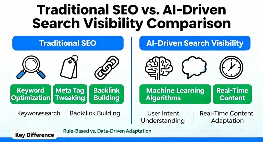Illustration comparing traditional SEO with AI-driven search visibility