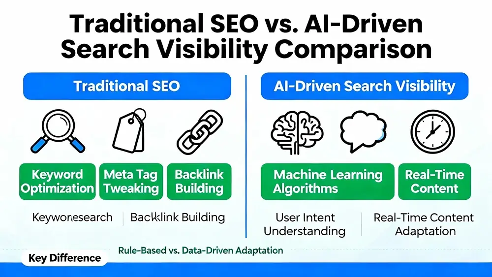 Illustration comparing traditional SEO with AI-driven search visibility