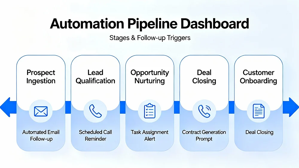 Automation dashboard illustrating pipeline stages and automated follow-up triggers Automation dashboard illustrating pipeline stages and automated follow-up triggers