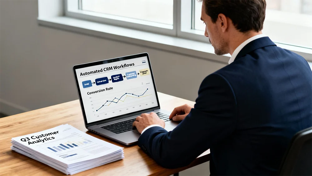 Business owner reviewing automated CRM workflows and customer lifecycle data Business owner reviewing automated CRM workflows and customer lifecycle data