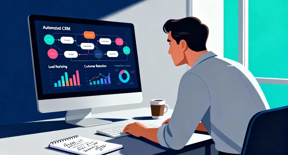Business owner reviewing automated CRM workflows and customer lifecycle data