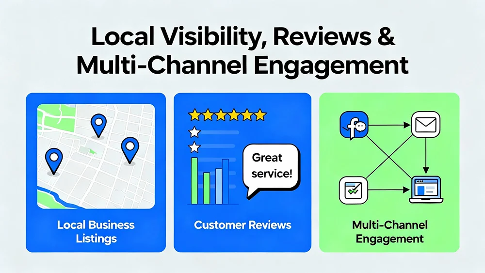 Visual representation of local visibility, reviews, and multi-channel engagement