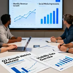 Local business team reviewing growth metrics and visibility data