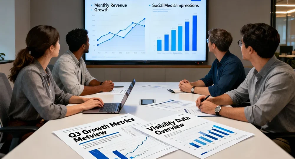 Local business team reviewing growth metrics and visibility data