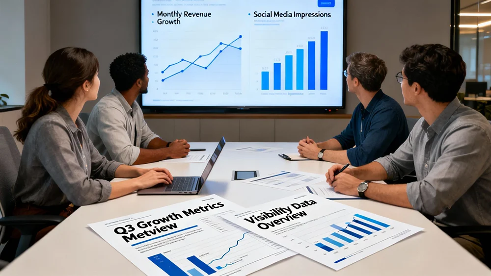 Local business team reviewing growth metrics and visibility data