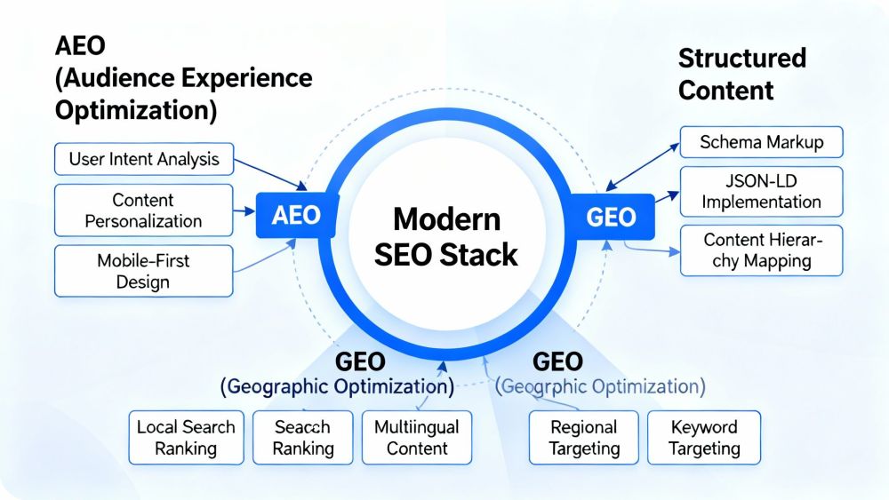 Modern SEO stack integrating AEO GEO and structured content