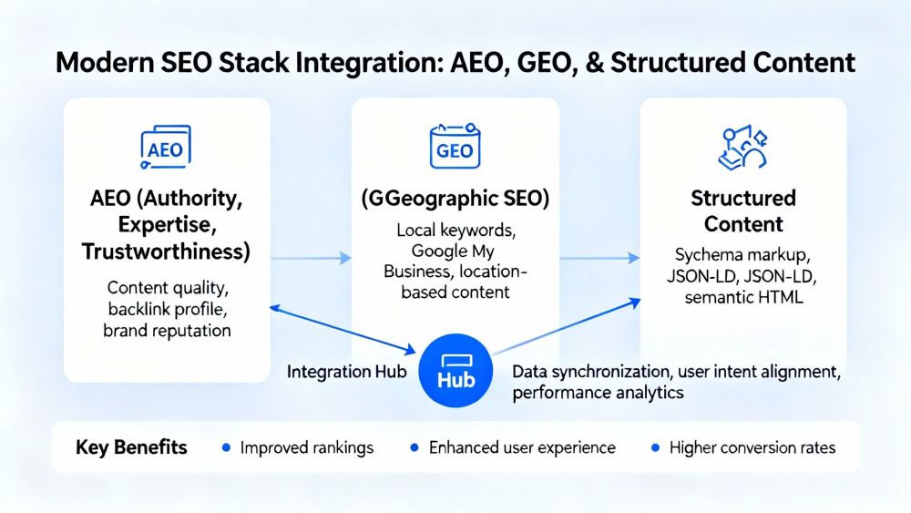 Modern SEO stack integrating AEO GEO and structured content Modern SEO stack integrating AEO GEO and structured content