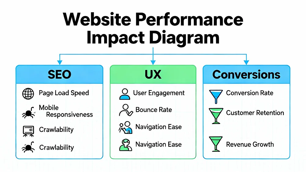 Diagram illustrating how website performance impacts SEO, UX, and conversions Diagram illustrating how website performance impacts SEO, UX, and conversions