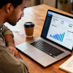 Local business owner reviewing website performance metrics on a laptop