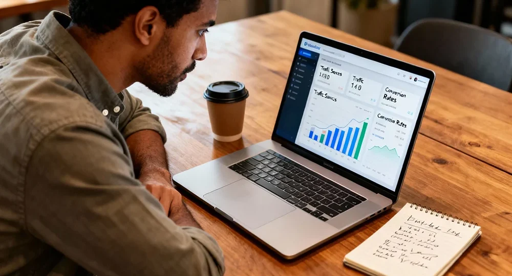 Local business owner reviewing website performance metrics on a laptop