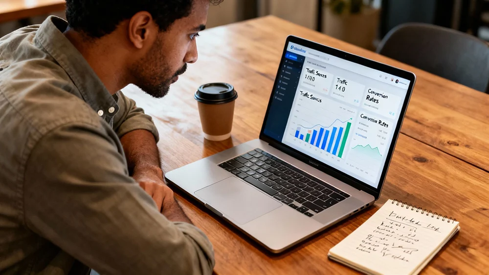 Local business owner reviewing website performance metrics on a laptop