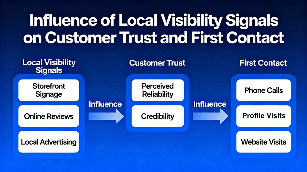 Diagram showing how local visibility signals influence customer trust and first contact