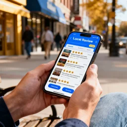Local customers reviewing businesses on a phone before choosing who to contact