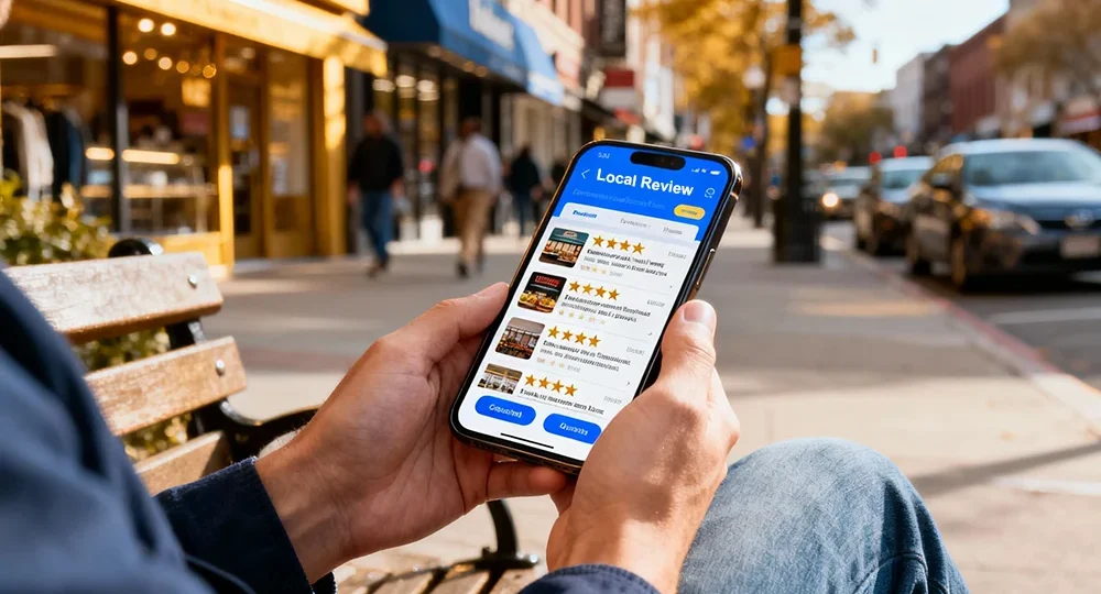 Local customers reviewing businesses on a phone before choosing who to contact