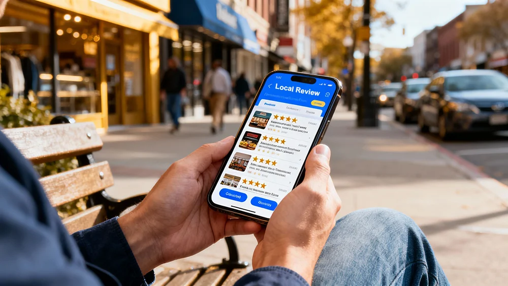 Local customers reviewing businesses on a phone before choosing who to contact