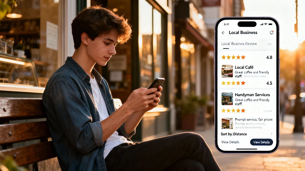Local customers reviewing businesses on a phone before choosing who to contact