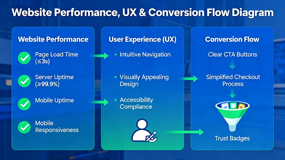 web-performance-UX-conversion-flow Website performance, UX, and conversion flow diagram