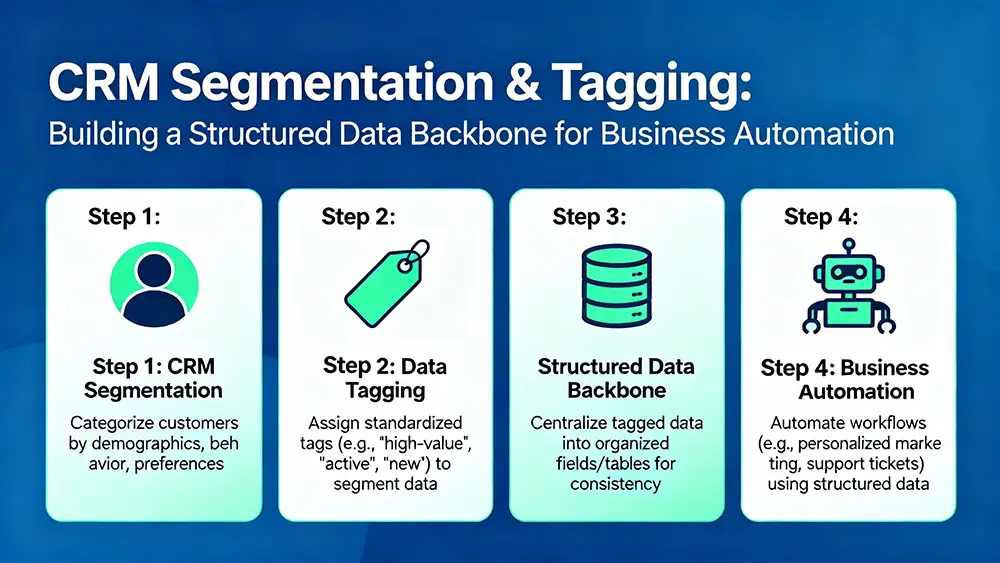 A diagram showing steps of how CRM segmentation and tagging create a structured data backbone for business automation