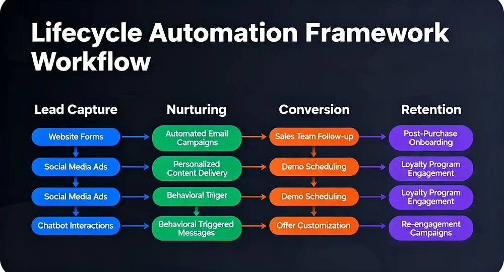 Lifecycle Automation Framework workflow from lead capture to nurturing, conversion, and retention