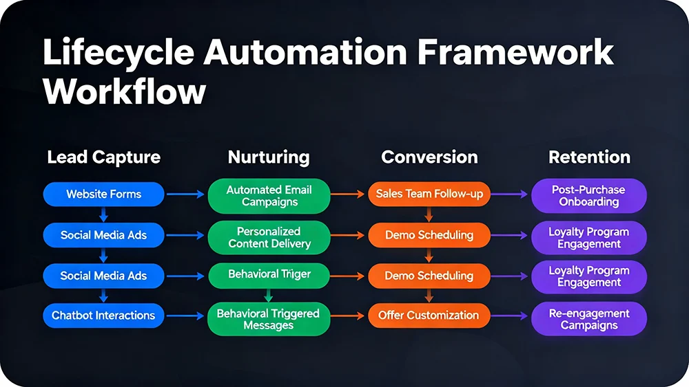 Lifecycle Automation Framework workflow from lead capture to nurturing, conversion, and retention