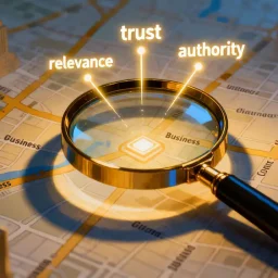 A magnifying glass hovering over a city map, highlighting a business location with glowing signals representing trust, relevance, and authority.