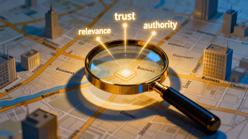 A magnifying glass hovering over a city map, highlighting a business location with glowing signals representing trust, relevance, and authority.