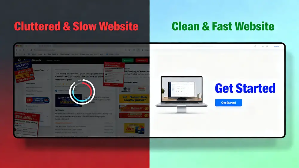cluttered-slow-vs-clean-fast-website A split-screen diagram showing a cluttered, slow website on one side and a clean, fast-loading website with clear calls-to-action on the other.