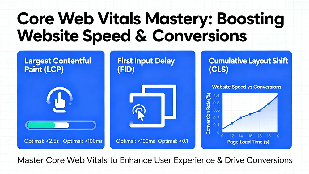 Core Web Vitals mastery illustrating LCP, FID, CLS, and website speed impact on conversions