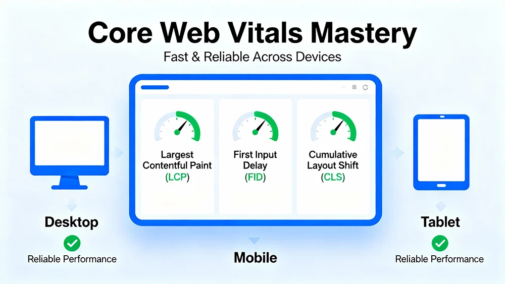 Core web vitals mastery showing fast and reliable website performance across devices