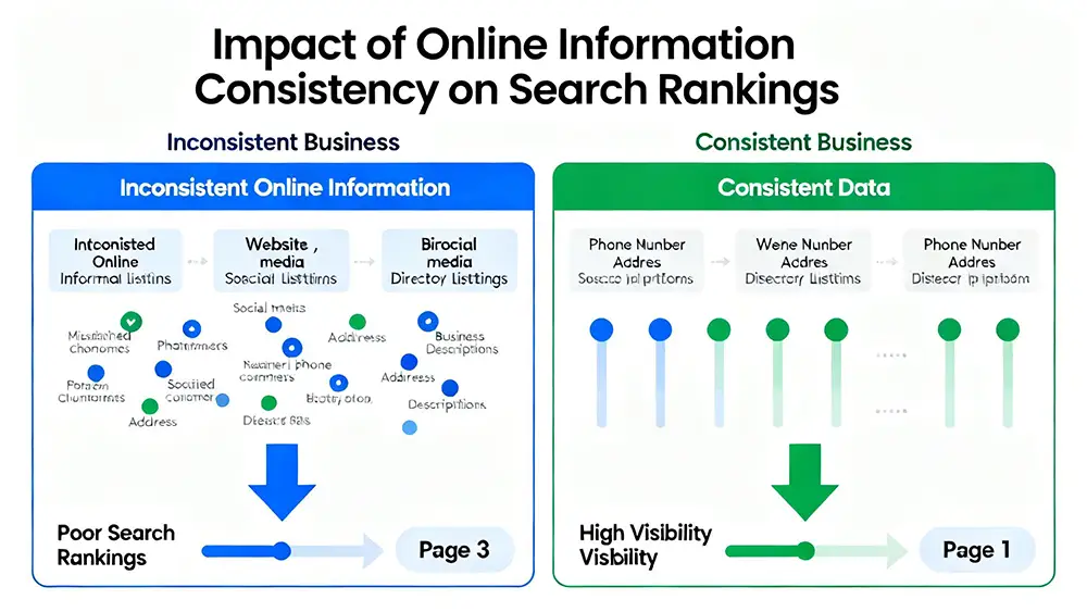 A diagram showing a business with inconsistent online information leading to poor search rankings, contrasted with a business with consistent data achieving high visibility