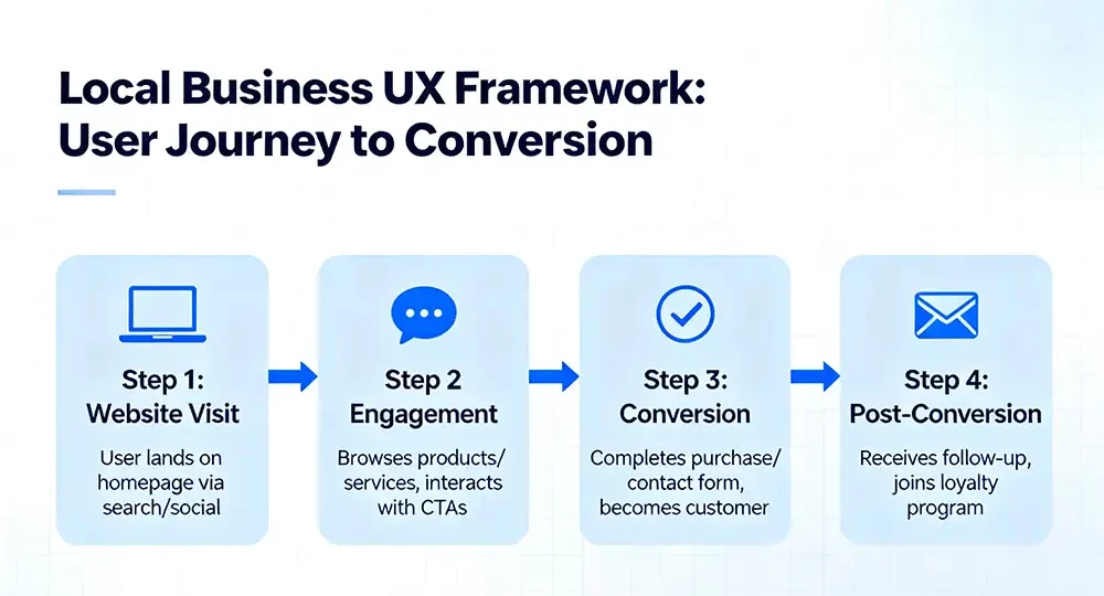 A blueprint showing a user journey from a website visit to a customer conversion, symbolizing a local business UX framework.