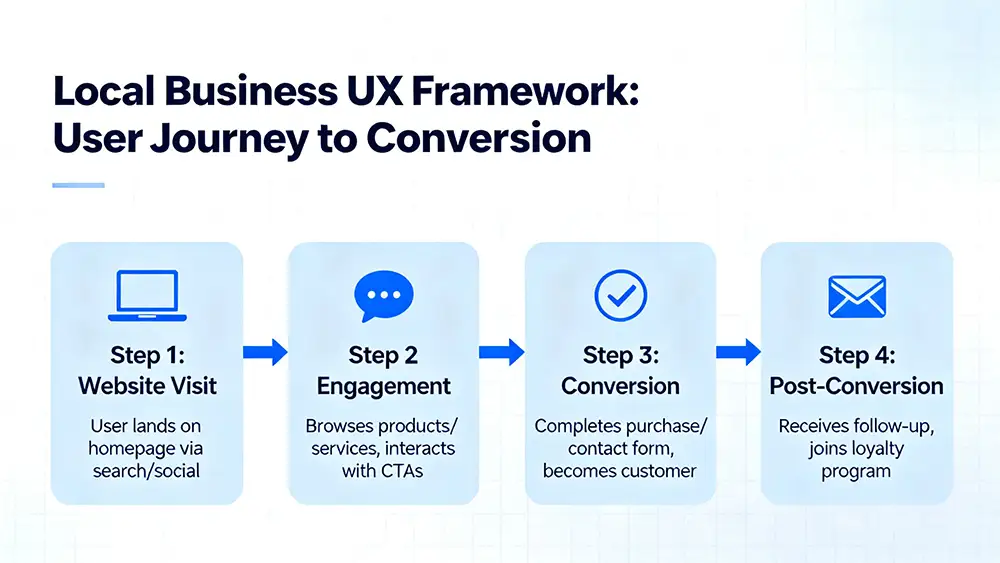 A blueprint showing a user journey from a website visit to a customer conversion, symbolizing a local business UX framework.