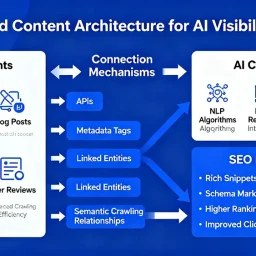 A diagram showing how structured content architecture connects different data points to improve AI visibility and SEO