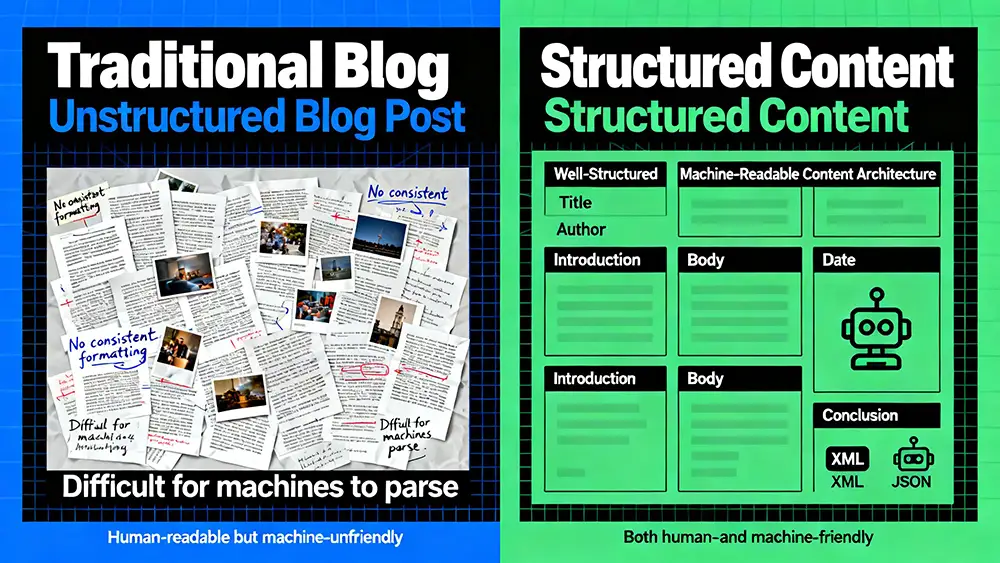 A split-screen graphic comparing a traditional unstructured blog post with a well-structured, machine-readable content architecture.